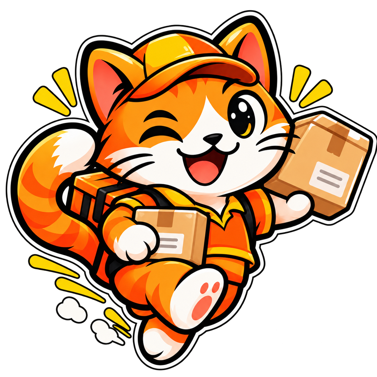 O gato laranja da CATOU, de boné de entregador, carregando encomendas.